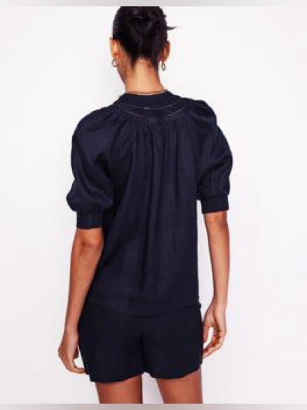 Boden Bea Stitched Yoke Linen Top in Navy, Size 2